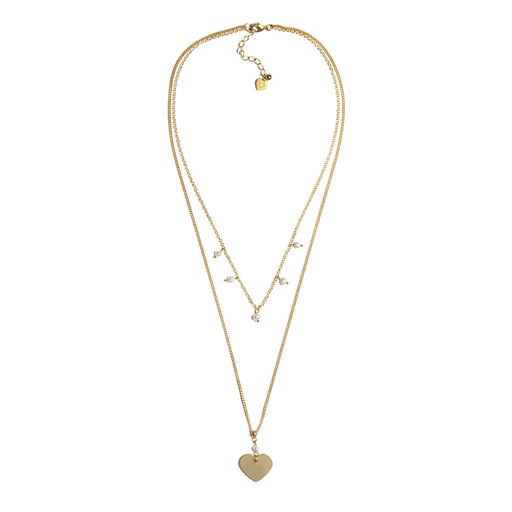 COLLANA 2 CATENE PERLE E CUORE GOLD
