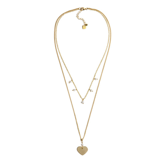 COLLANA 2 CATENE PERLE E CUORE GOLD